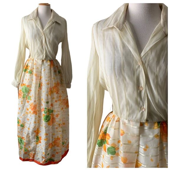 Vintage 1970s Victor Costa Long Sleeve Orange Floral Maxi Dress - Medium - Picture 1 of 11